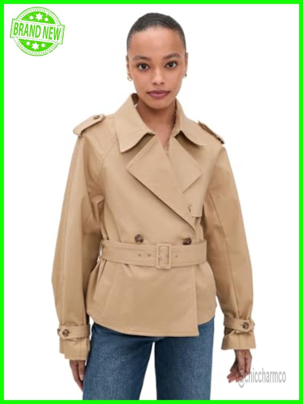 Cropped Trench Jacket Women Cotton Twill Belted